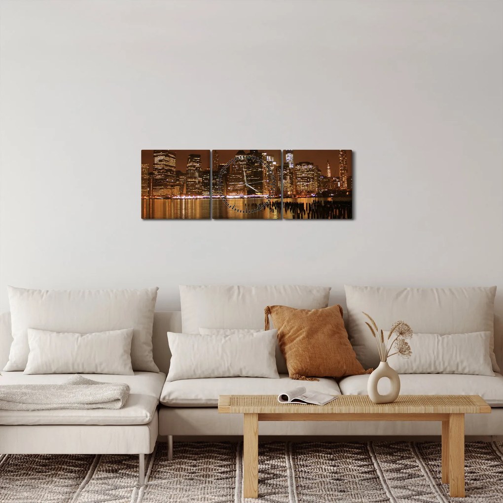 Obraz miasta nocą (z zegarem) (90x30 cm)