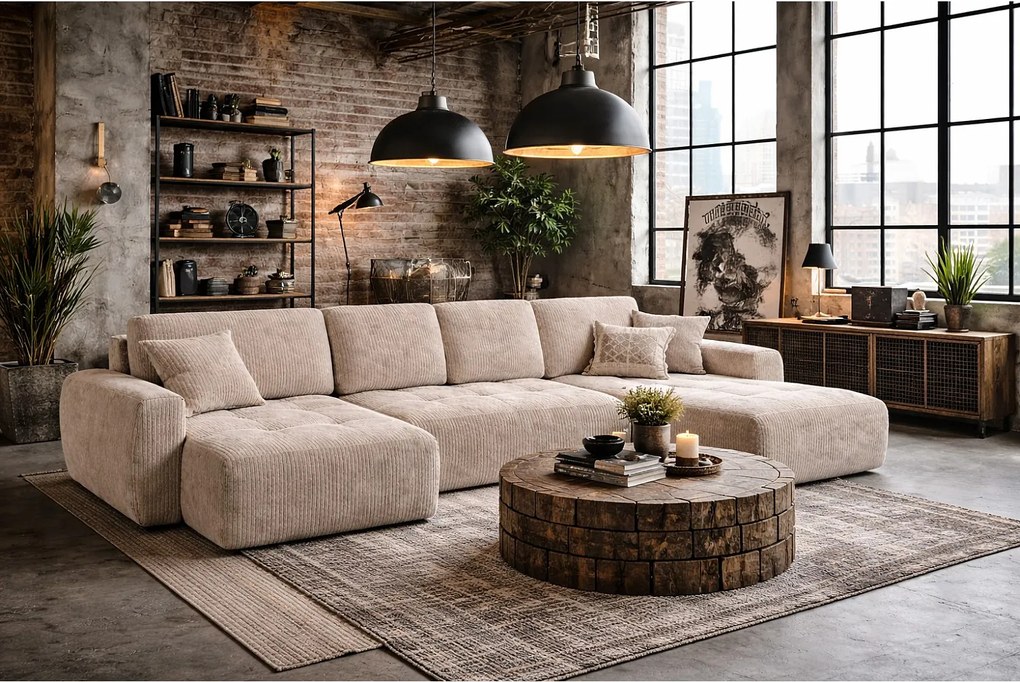 Narożnik w kształcie U z funkcją spania i pojemnikiem Ivo U, tkanina sztruksowa Poso, Beżowy