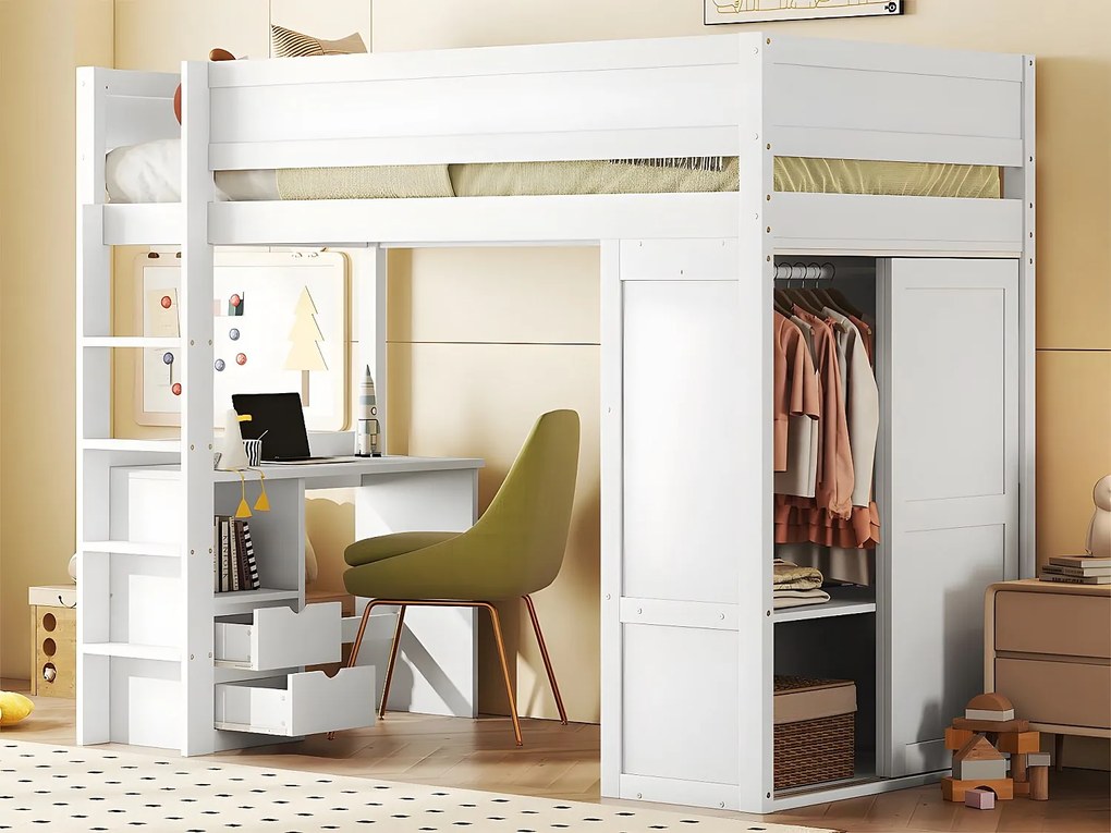 Łóżko mezzanine 90x200cm - wielofunkcyjne łóżko dziecięce - wyposażone w szafę i biurko - z litego drewna sosnowego - Białe