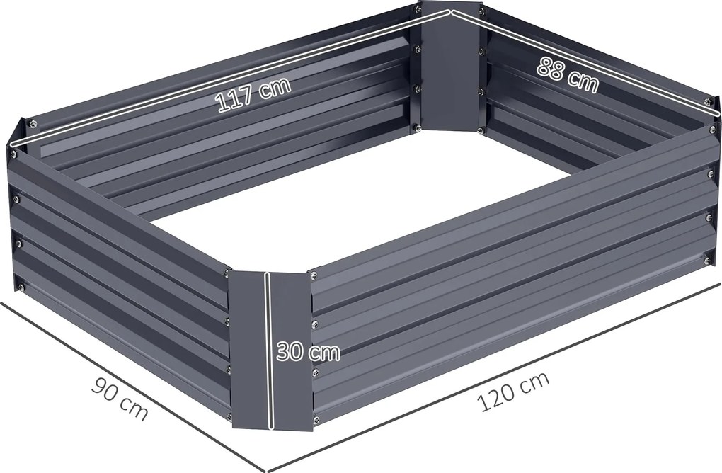 Outsunny Podwyższona grządka z ocynkowanej stali, Ogrodowa donica, Skrzyniopojemnik 120 x 90 x 30 cm, Ciemnoszary