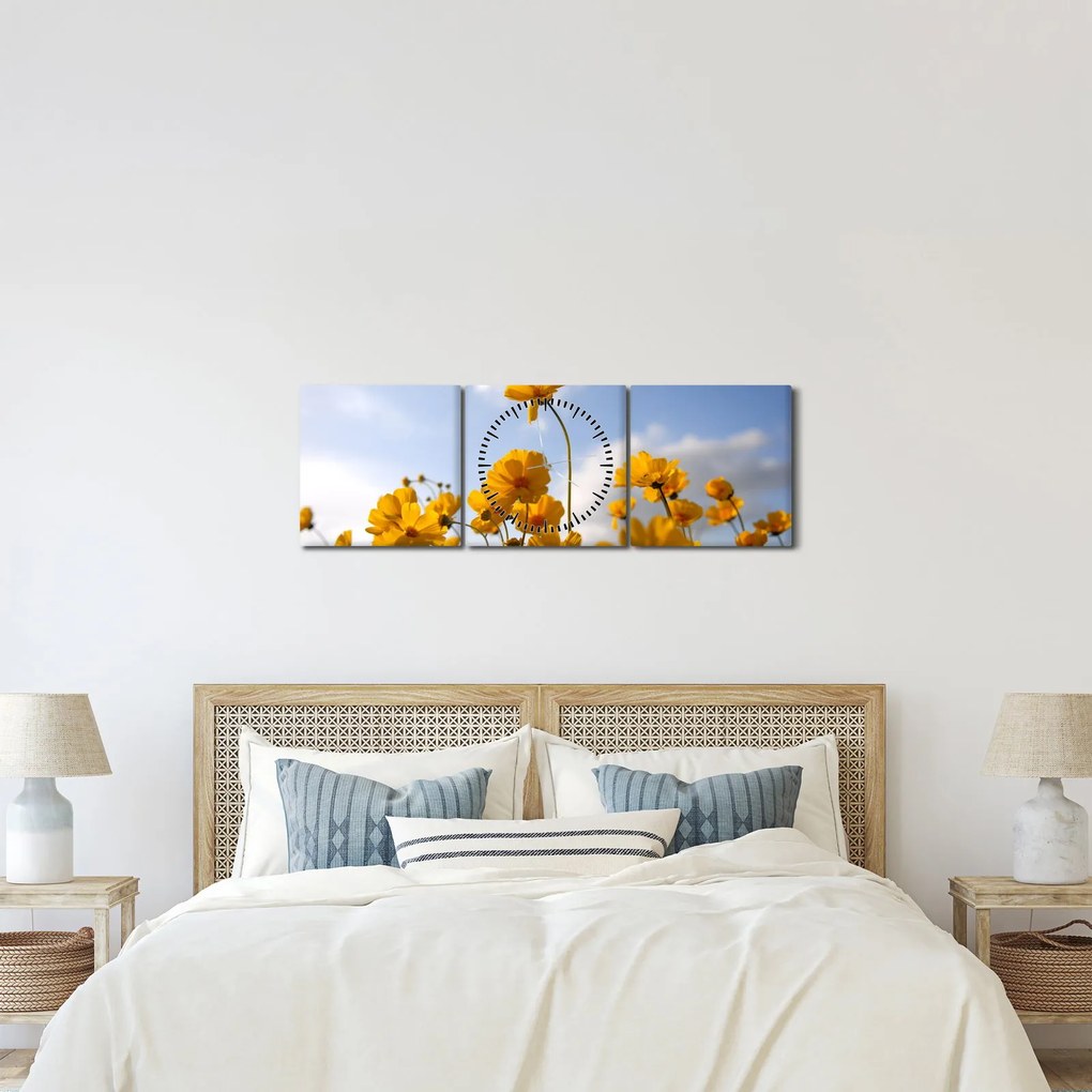 Obraz pola z jasnożółtymi kwiatami (z zegarem) (90x30 cm)