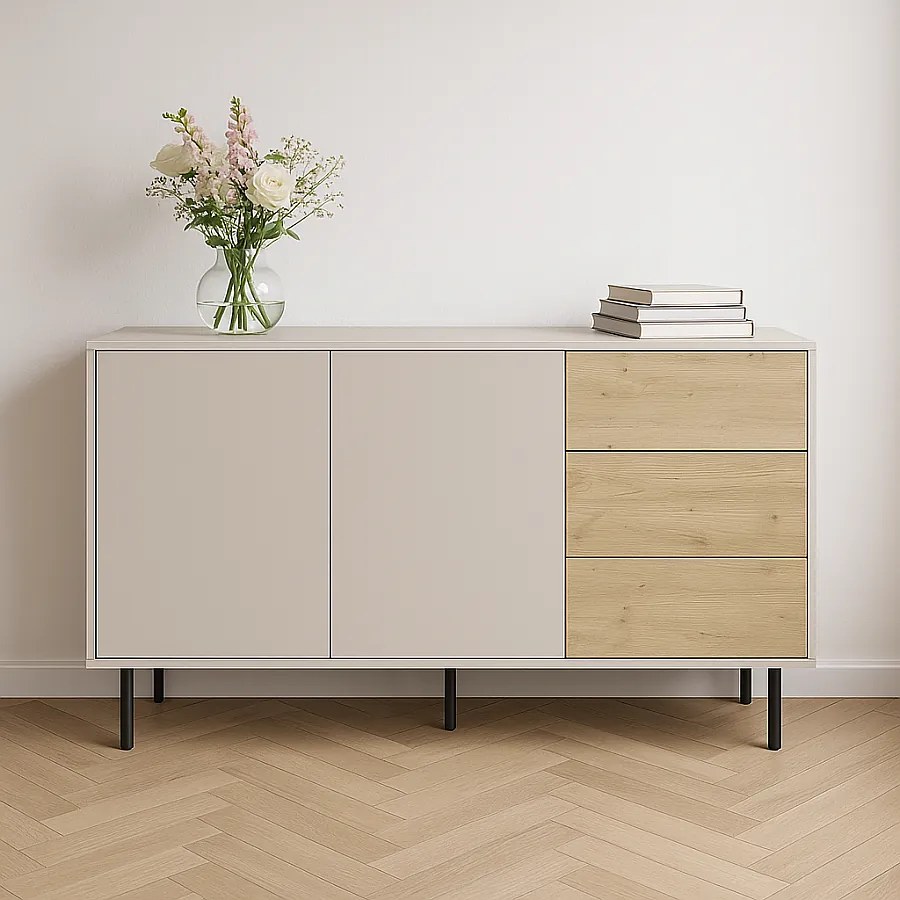 Komoda WENA, 3 szuflady, 2 drzwi, Lola, 150x85x40 cm, Kaszmir/Dąb artisan