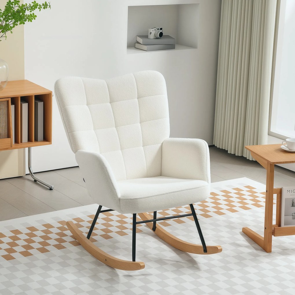 HOMCOM Fotel Bujany w Wyglądzie Fleece z Podłokietnikami, Ergonomiczny Fotel na Drewnianych Płozach, do Salonu, Sypialni, Biały