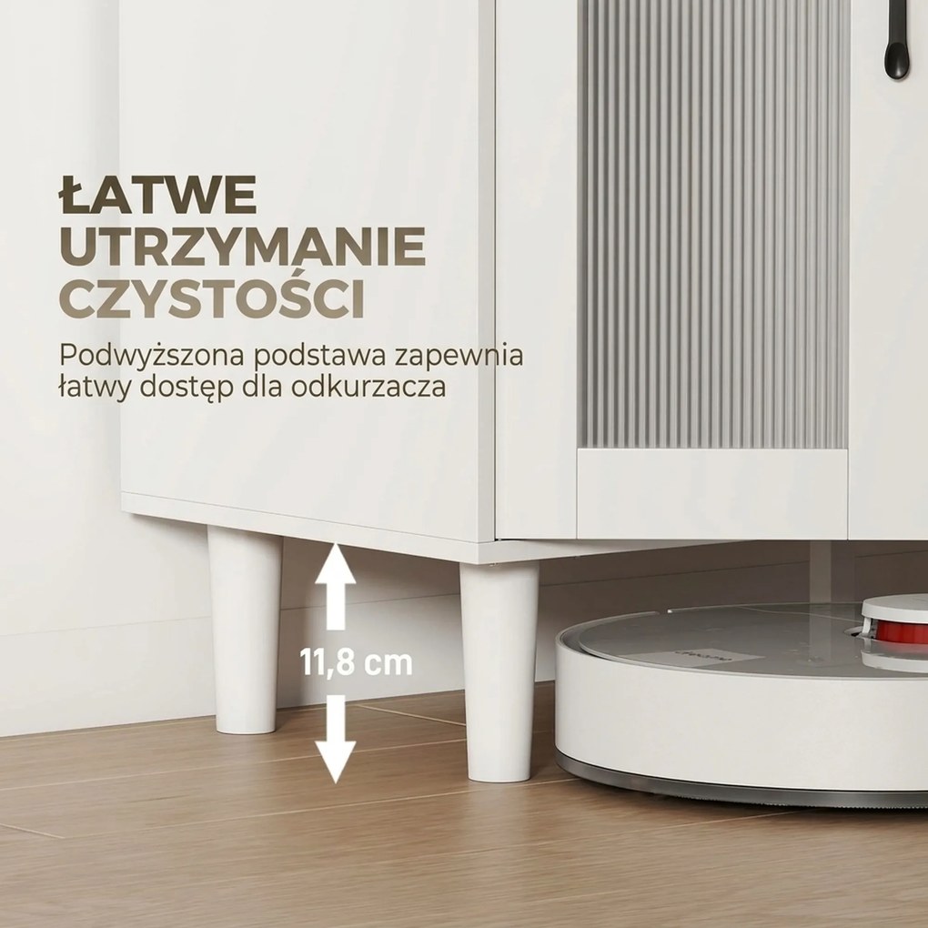 HOMCOM Kredens kuchenny z szufladą, 2 szafkami, otwartą półką, prążkowanymi drzwiami z akrylu 80 x 34 x 91 cm Biały + Dąb | Aosom PL