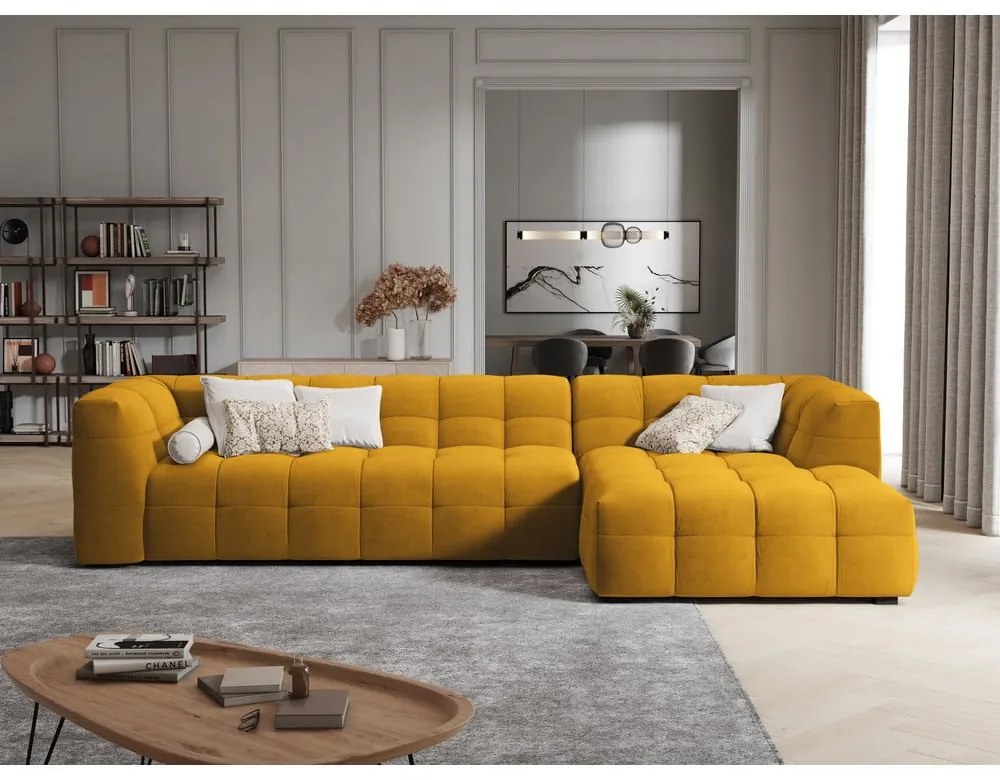 Żółty aksamitny narożnik Windsor &amp; Co Sofas Vesta, prawostronny