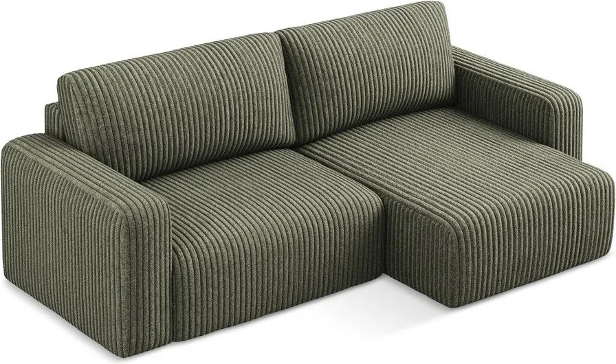 Zielony sztruksowy rozkładany narożnik ze schowkiem (prawostronny/z szezlongiem) Kona – Makamii