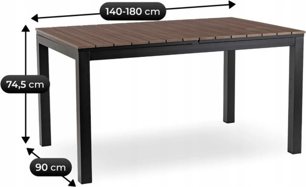 Zestaw Mebli Ogrodowych Stół ARGOS 140-180 cm Orzech/Czarny i 4x Fotel FRESNO Czarny Technorattan Nowoczesny