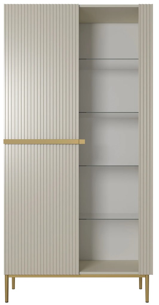 Witryna Nicole 100 cm z ryflowanym frontem - kaszmir / złote nóżki