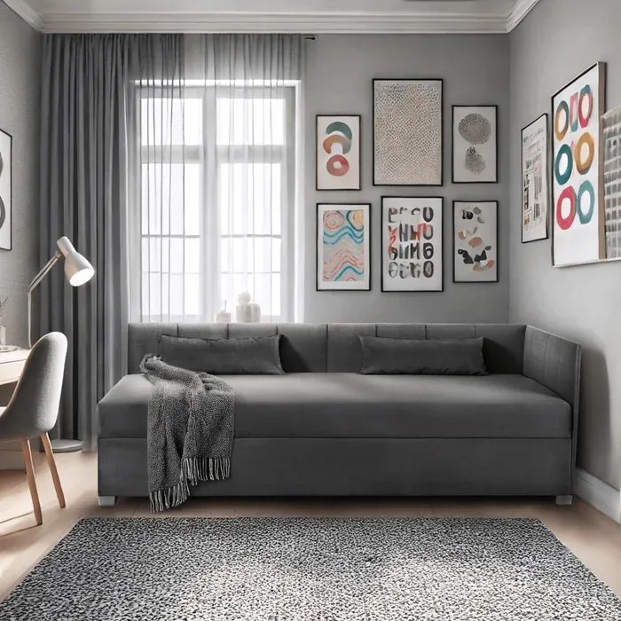 Łóżko Tapczan Młodzieżowe KARO 2 90x200 cm Narożne Szare Welurowe