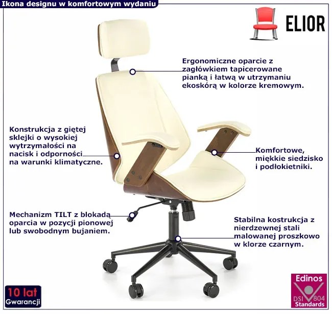 Designerski obrotowy fotel tapicerowany orzech + kremowy - Hano