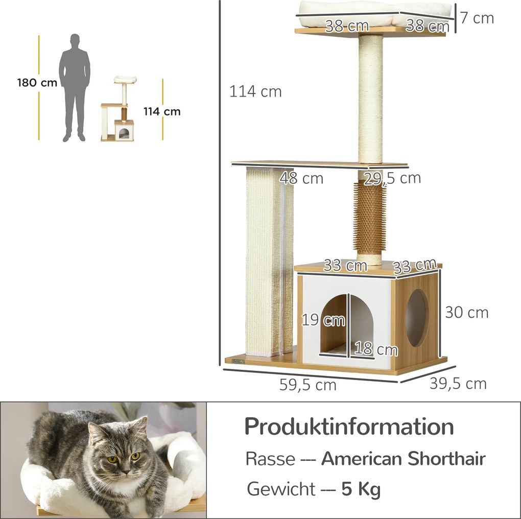 PawHut Drapak dla kota, koci domek, kocie łóżko, platforma, 59,5 cm x 39,5 cm x 114 cm, Brąz + Biały