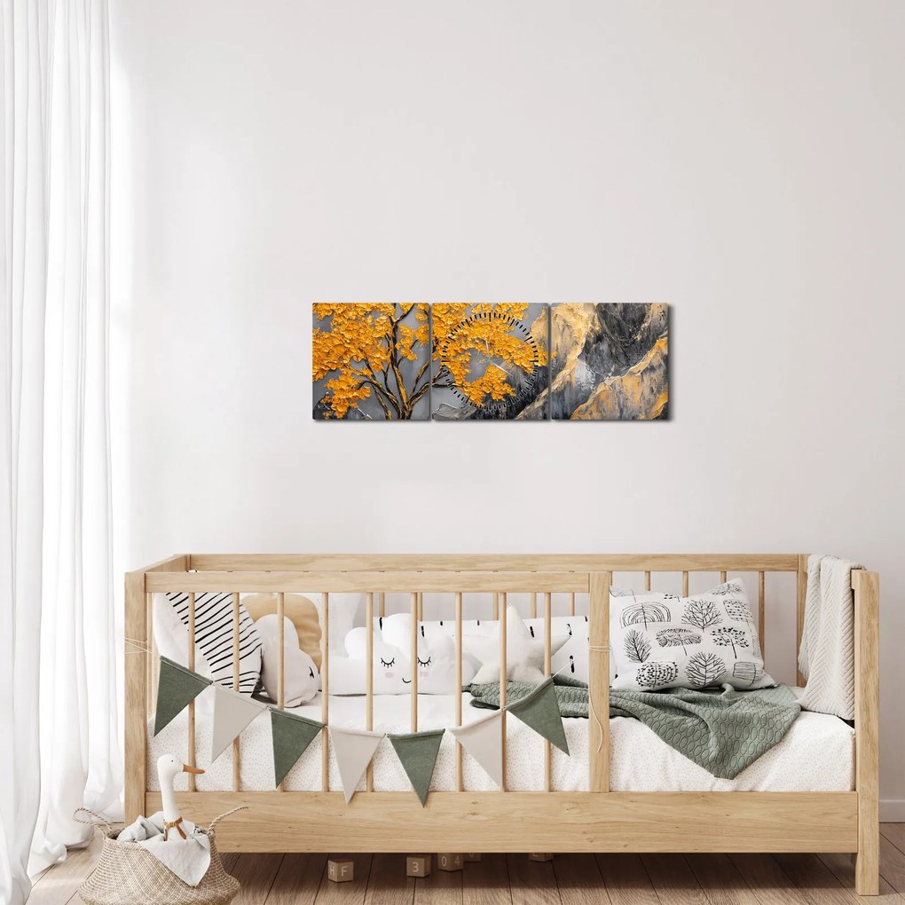 Obraz – Złote drzewo w górach (z zegarem) (90x30 cm)