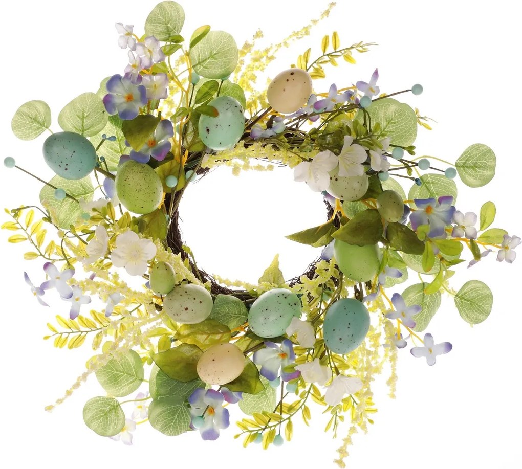 Wielkanocny wieniec z kwiatami i jajkami, zielony, śr. 35 cm