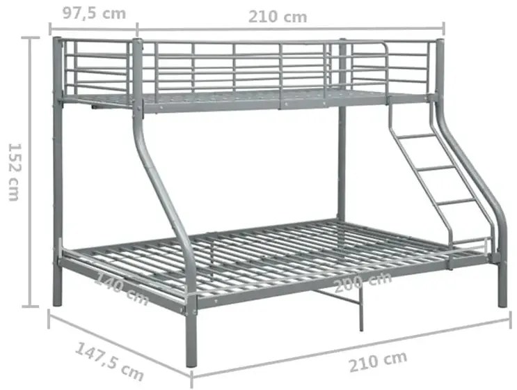 Szare metalowe wspólne łóżko piętrowe dla rodzeństwa 140x200 cm/90x200 cm - Ordi