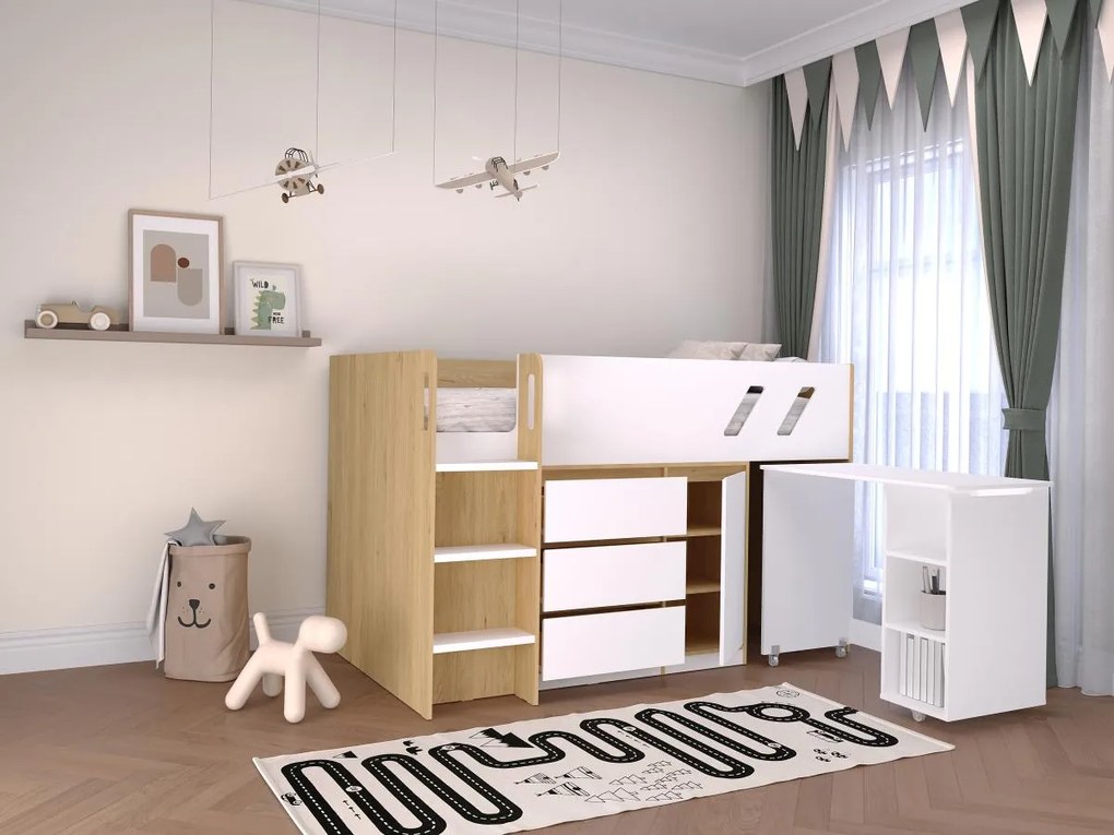 Łóżko piętrowe 90 x 190 cm z biurkiem i schowkami - Naturalny i biały + Materac - SAGITI