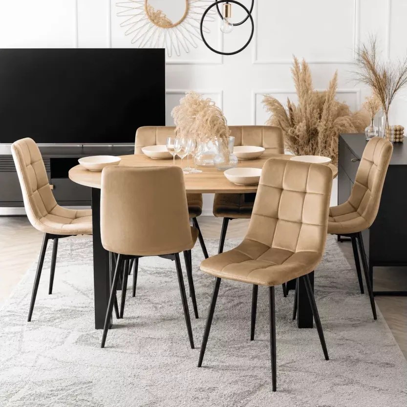Zestaw stół okrągły rozkładany Confetti dąb craft 102-142 cm + 6 krzeseł Grappo beż