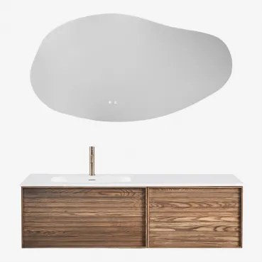 Zestaw Wiszących Mebli Łazienkowych 140x50 Cm Z Drewna Zintegrowany Z Umywalką Solea Popielaty Brąz & Szczotkowane Złoto ↑20 Cm Z Przelewowym Zaworem