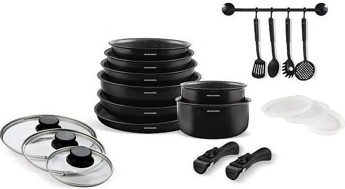 Zestaw naczyń kuchennych indukcyjnych Arthur Martin AM558 20 elementów z aluminium 2,5 mm z odłączaną rączką i szczelnymi pokrywkami