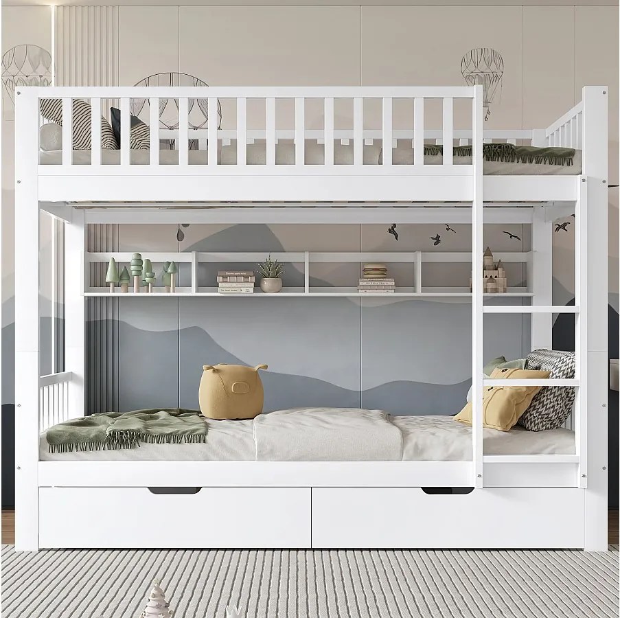 Łóżka piętrowe dla dzieci - 2 x 90 x 200 cm - z barierką zabezpieczającą + półki + 2 szuflady - płyta MDF - biały