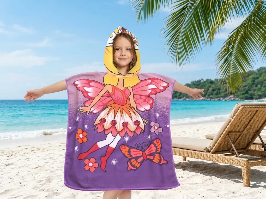 Dzieci ponczo WRÓŻKA I MOTYL fioletowy Rozmiar: 60 x 120 cm