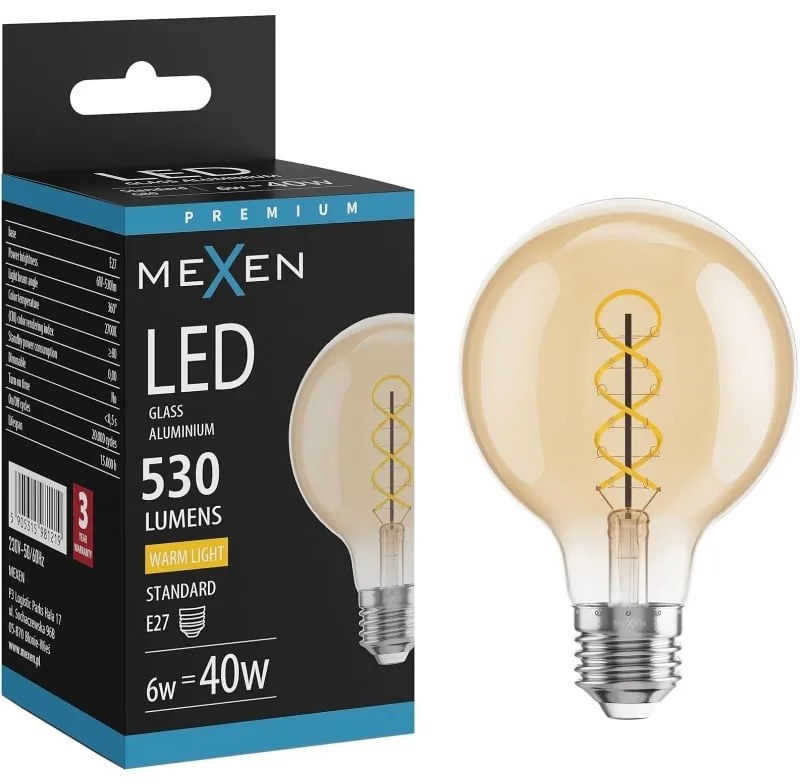 Mexen Vintis żarówka filament spirala LED E27, G80, 6W, Ciepła - 2700K, 530 lm, amber - L165-E27-0627-50