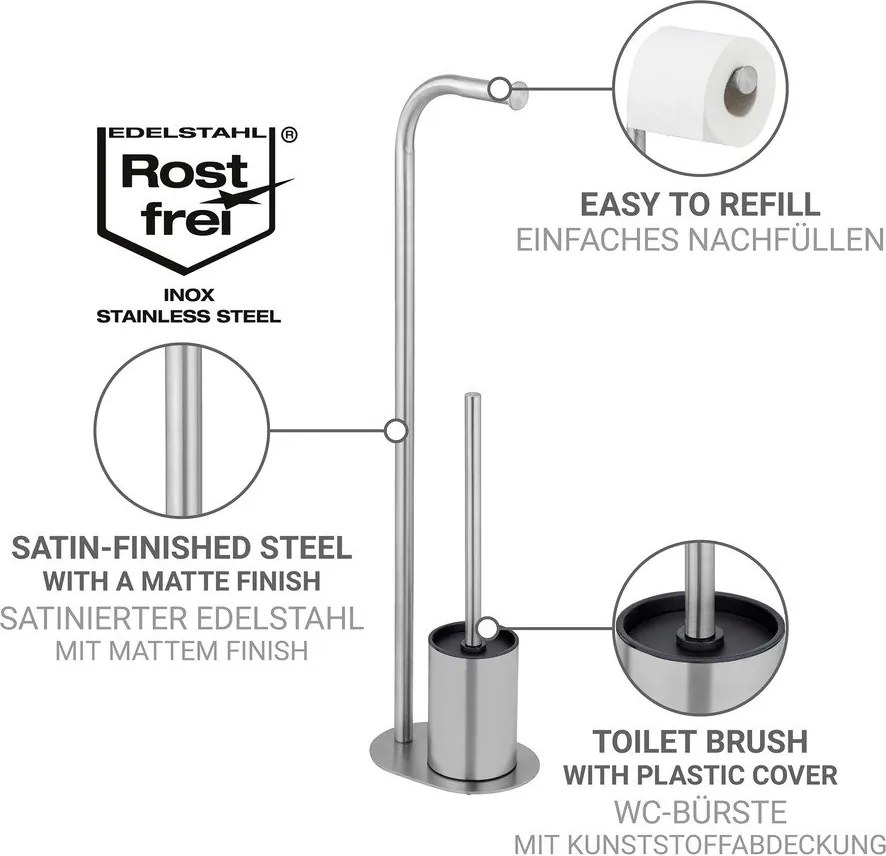 Stojak na papier toaletowy ze szczotką ze stali nierdzewnej w kolorze matowego srebra Levante – Wenko