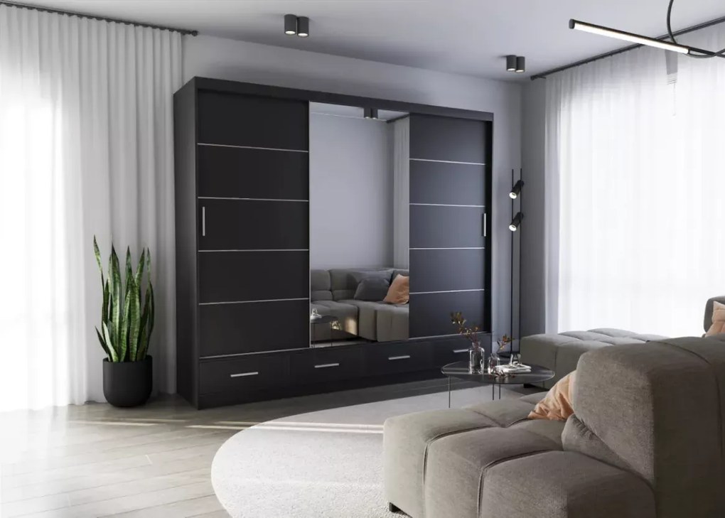 Szafa Lorenza 250 cm – duża szafa przesuwna z lustrem, 3 kolory mat i 2 połysk