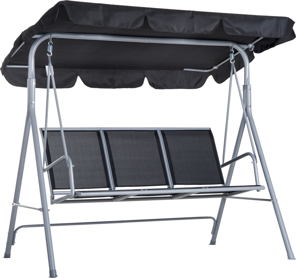 Outsunny Huśtawka Ogrodowa z Daszkiem 3 Osobowa Metalowa Czarno Srebrna Ławka Bujana z Ochroną Przed Słońcem 171x108x154cm | Aosom PL