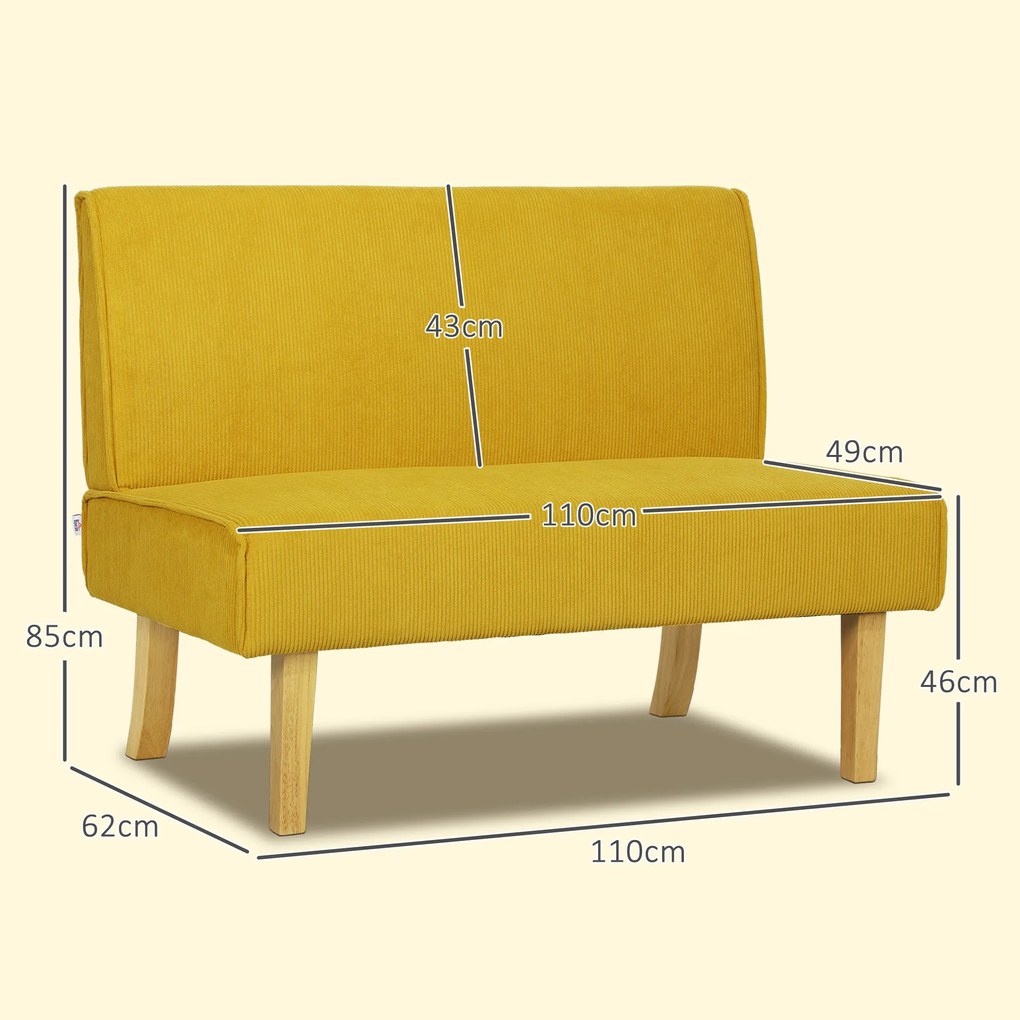 HOMCOM Sofa dwuosobowa z pokryciem kordowym, grubą tapicerką i solidnymi nogami drewnianymi do salonu, sypialni, biura, Żółty