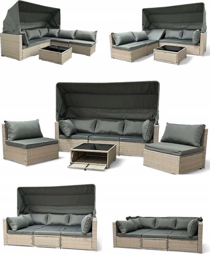 Wielofunkcyjny zestaw mebli ogrodowych - narożnik, leżanka z daszkiem Galicja 101 beż, poduszki szare