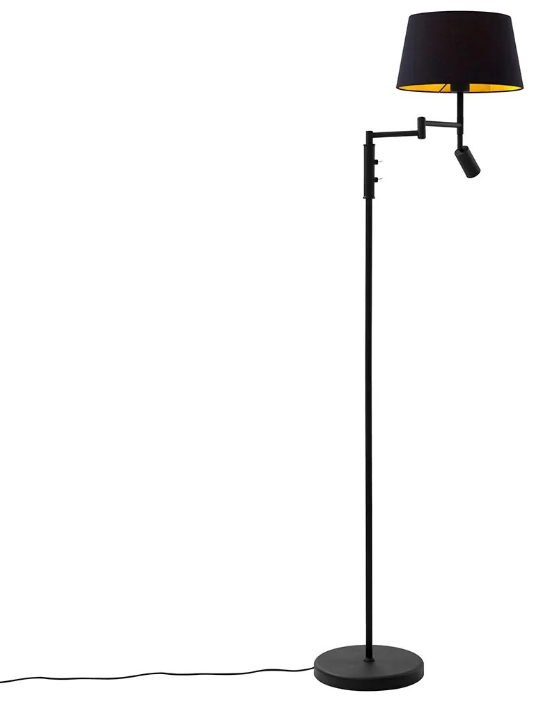 Lampa stojąca czarna z czarnym kloszem i regulowaną lampką do czytania - Ladas Retro Oswietlenie wewnetrzne