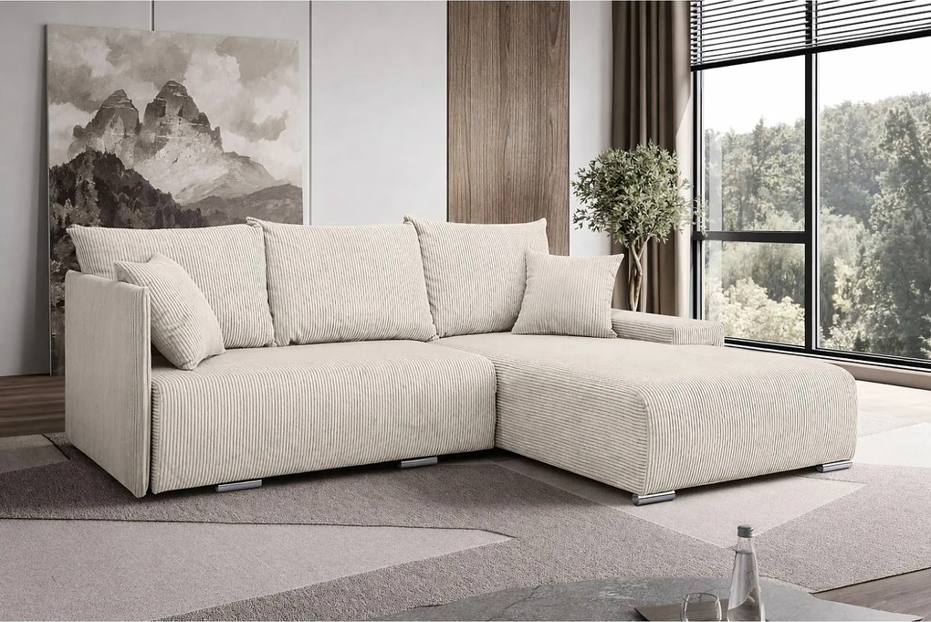 Narożnik, Sofa w kształcie L, tkanina sztruksowa Poso, Ecru, Prawy, Livorno L