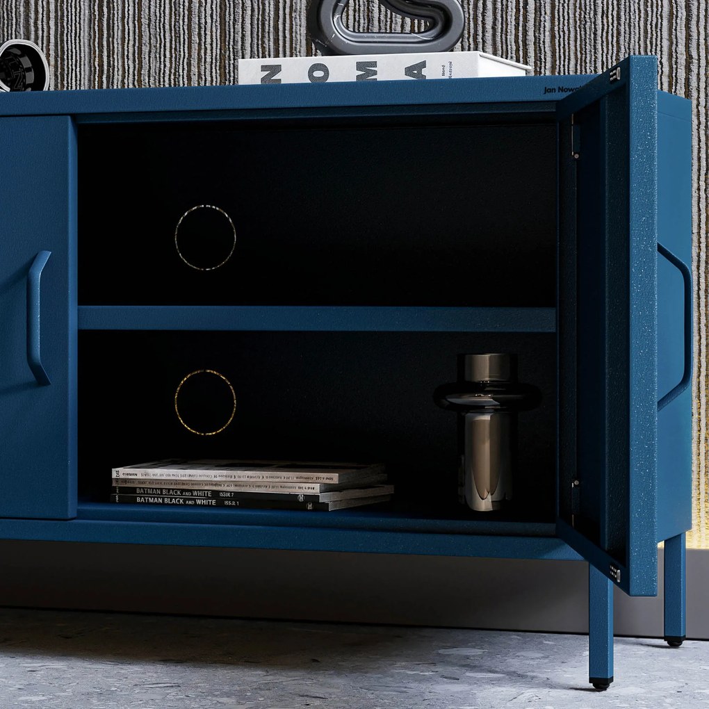 Szafka RTV metalowa na nóżkach granatowa Modern ROSA, 1150 x 595 x 400 mm
