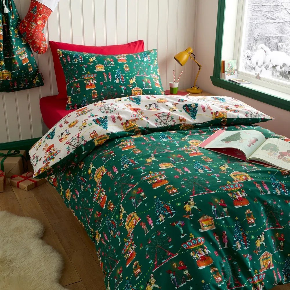 Zielona bawełniana pościel dziecięca do łóżeczka 120x150 cm Christmas Fairground – Belle &amp; Boo