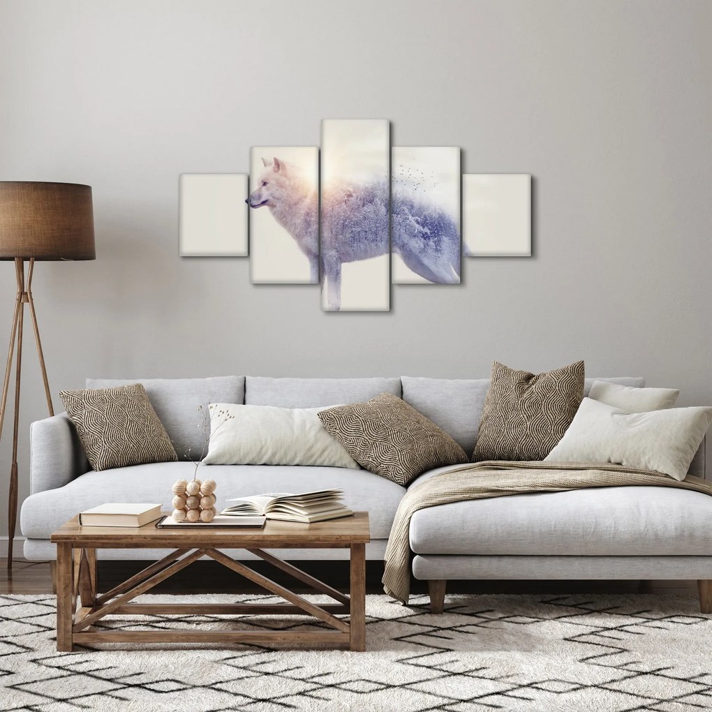 Obraz - Wilk arktyczny odzwierciedla dziki krajobraz (125x70 cm)