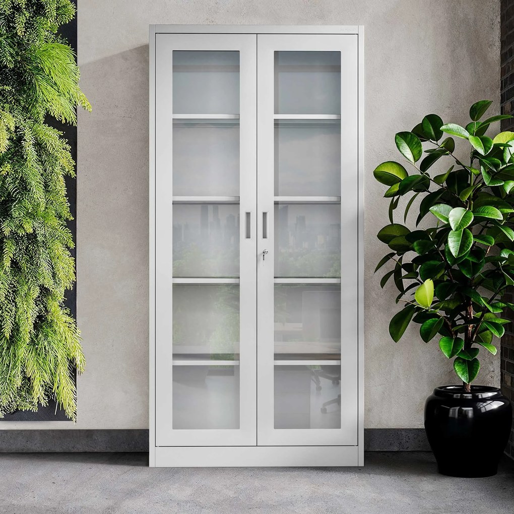 Szafa ze szklanymi drzwiami z szybami AMELIA, 900 x 1850 x 400 mm, szara