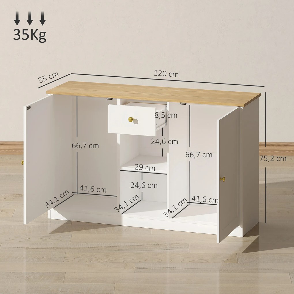 HOMCOM Komoda Kuchenna, Sideboard z Szufladą, Szafkami, Półkami, Płyta Wiórowa, Biała