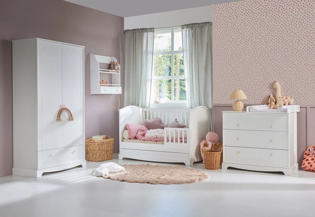 Białe łóżeczko z szufladą i funkcją tapczanika Royal 70x140
