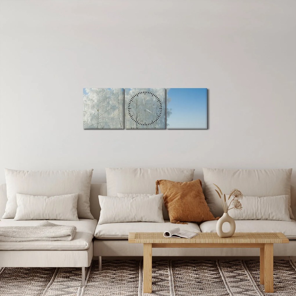 Obraz zaśnieżonego krajobrazu (z zegarem) (90x30 cm)