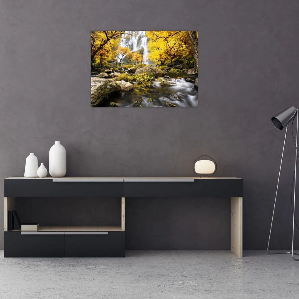 Obraz na szkle - Wodospady w jesiennym krajobrazie, żółty (70x50 cm)
