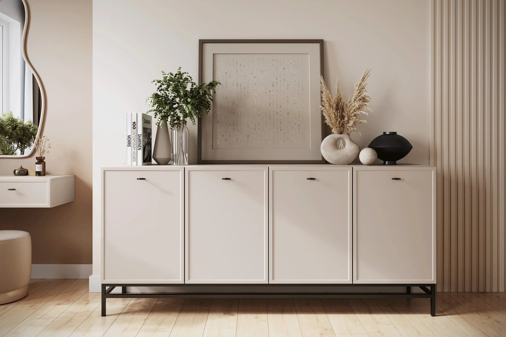 Komoda czterodrzwiowa Lorini 200 cm - kaszmir / czarne uchwyty T-bar / stelaż