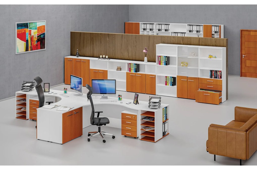 Szafa biurowa kombinowana PRIMO WHITE, drzwi na 2 poziomach, 800 x 420 x 1781 mm, biały/wiśnia