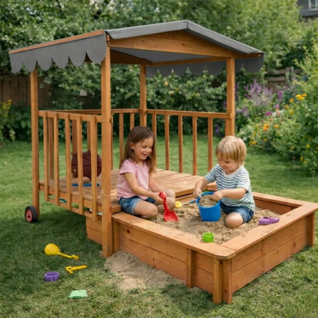 Piaskownica z werandą HAPPY, lita sosna 130 x 130 x 143 cm, brązowo szary Jurhan