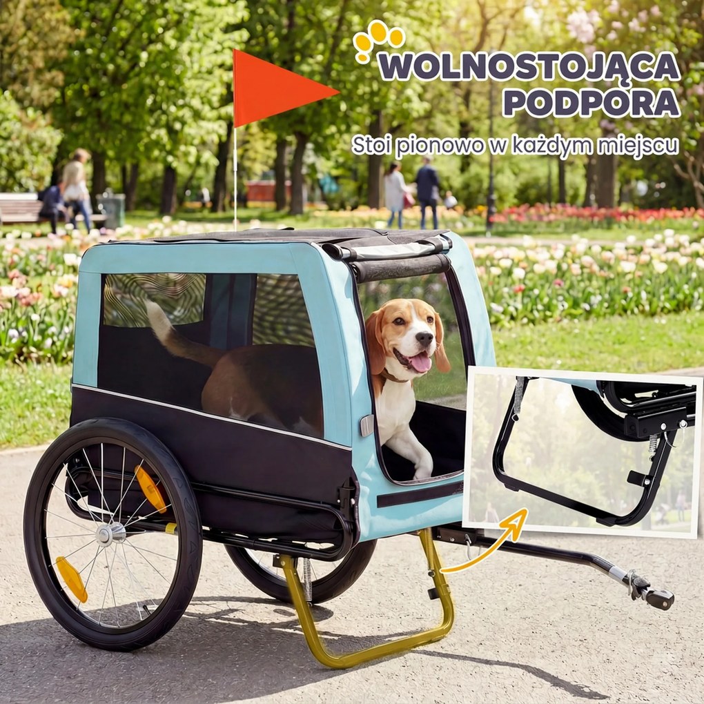 PawHut Składana przyczepka rowerowa z odblaskami, smyczą, dla średnich psów do 20 kg, 143 x 70 x 90 cm, jasnoniebieska | Aosom PL