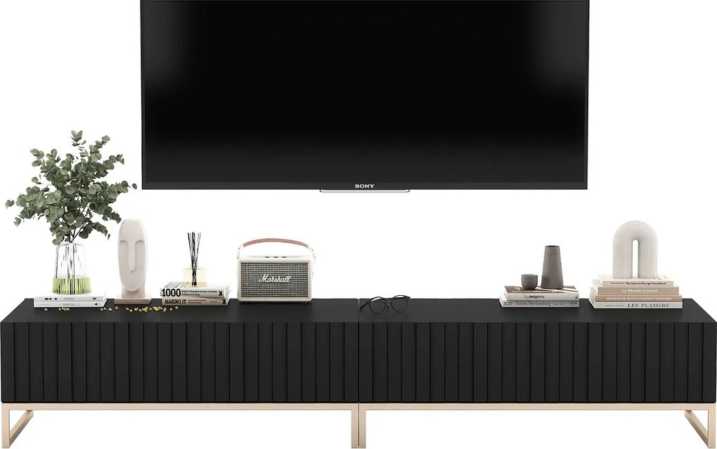 Szafka RTV z 2 drzwiami - korpus Czarny mat, fronty ryflowane Czarny mat - 220 cm, metalowa rama