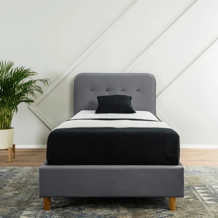 Łóżko Tapicerowane 90x200 cm ze Stelażem Jednoosobowe DENNIS Welurowe Ciemnoszare