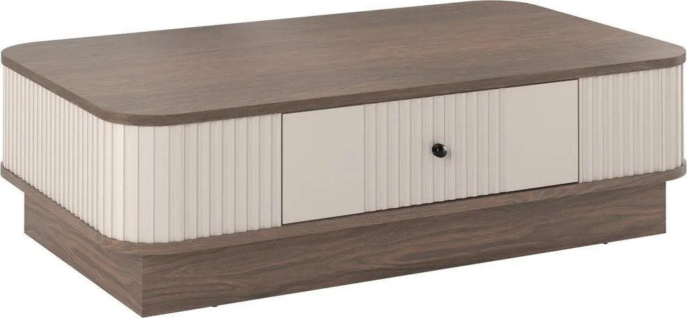 Stolik kawowy Vesper 103x60 cm z szufladą na cokole - kaszmir / orzech / czarny uchwyt