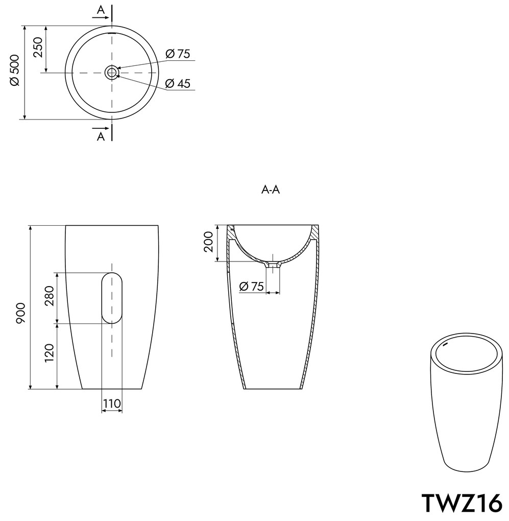 Umywalka stojąca TWZ16Odlew mineralny - Biały mat - 50 x 50 x 90 cm