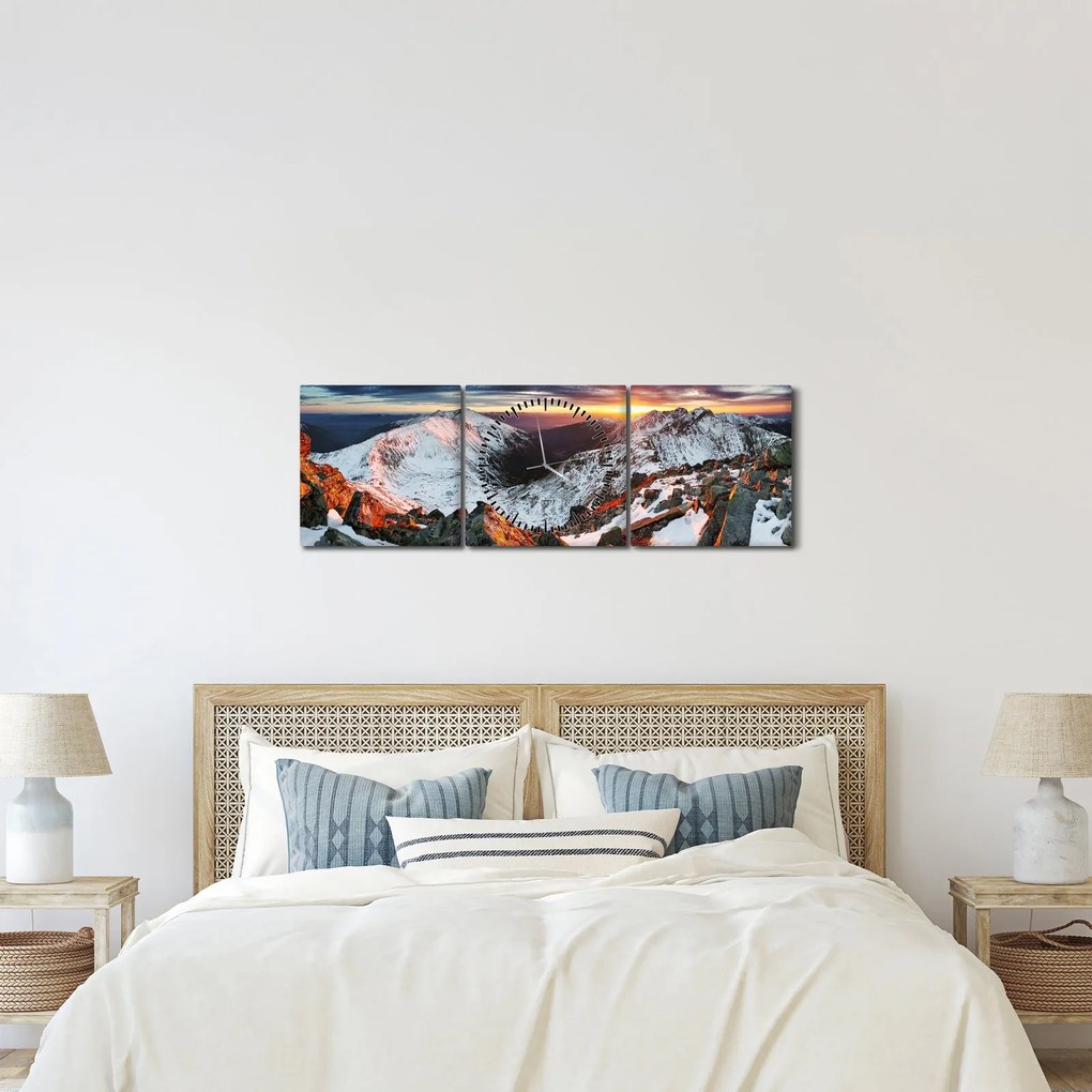 Obraz - Zimowa panorama górska (z zegarem) (90x30 cm)