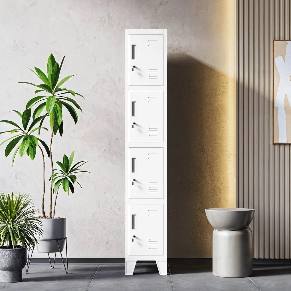 Wąska szafa socjalna 4-skrytkowa Robert 1 Plus, 29,2x45x172 cm, biała
